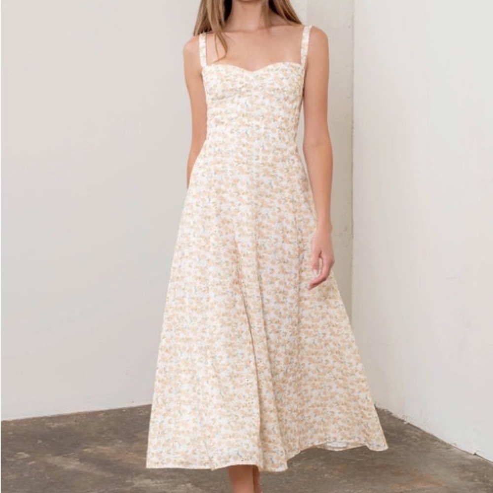 Moon River Cream Yellow Floral Print Lace Corset Midi Dress Small Brunch Girly - Picture 4 of 15